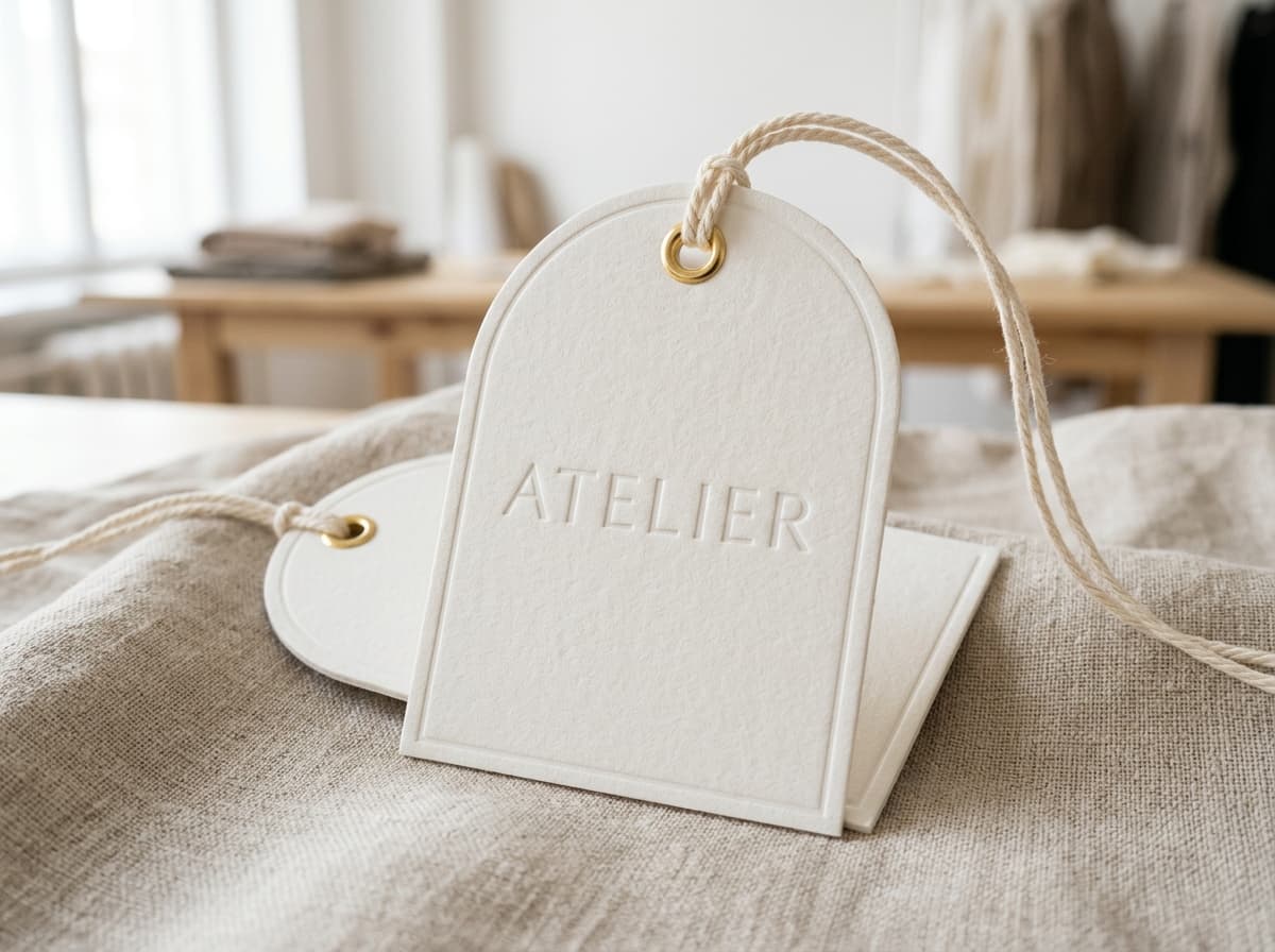 Arch Die Cut 450gsm luxury clothing hang tags with metallic eyelet and string