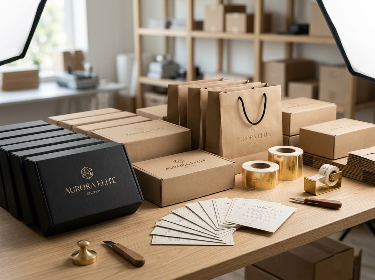 E-commerce brand ultimate packaging suite with rigid boxes, bags, and rolls