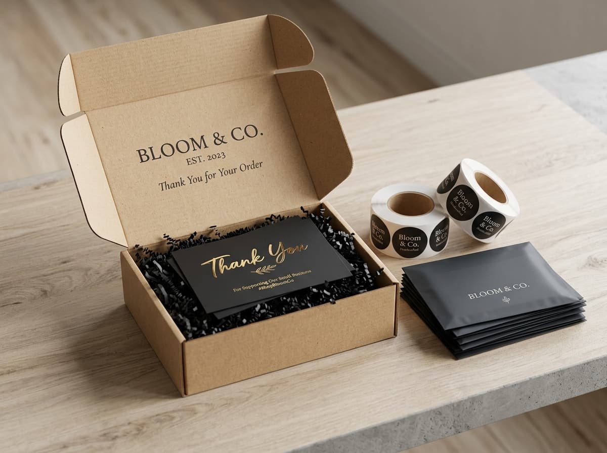 E-commerce Starter unboxing suite with custom corrugated mailer box and stickers