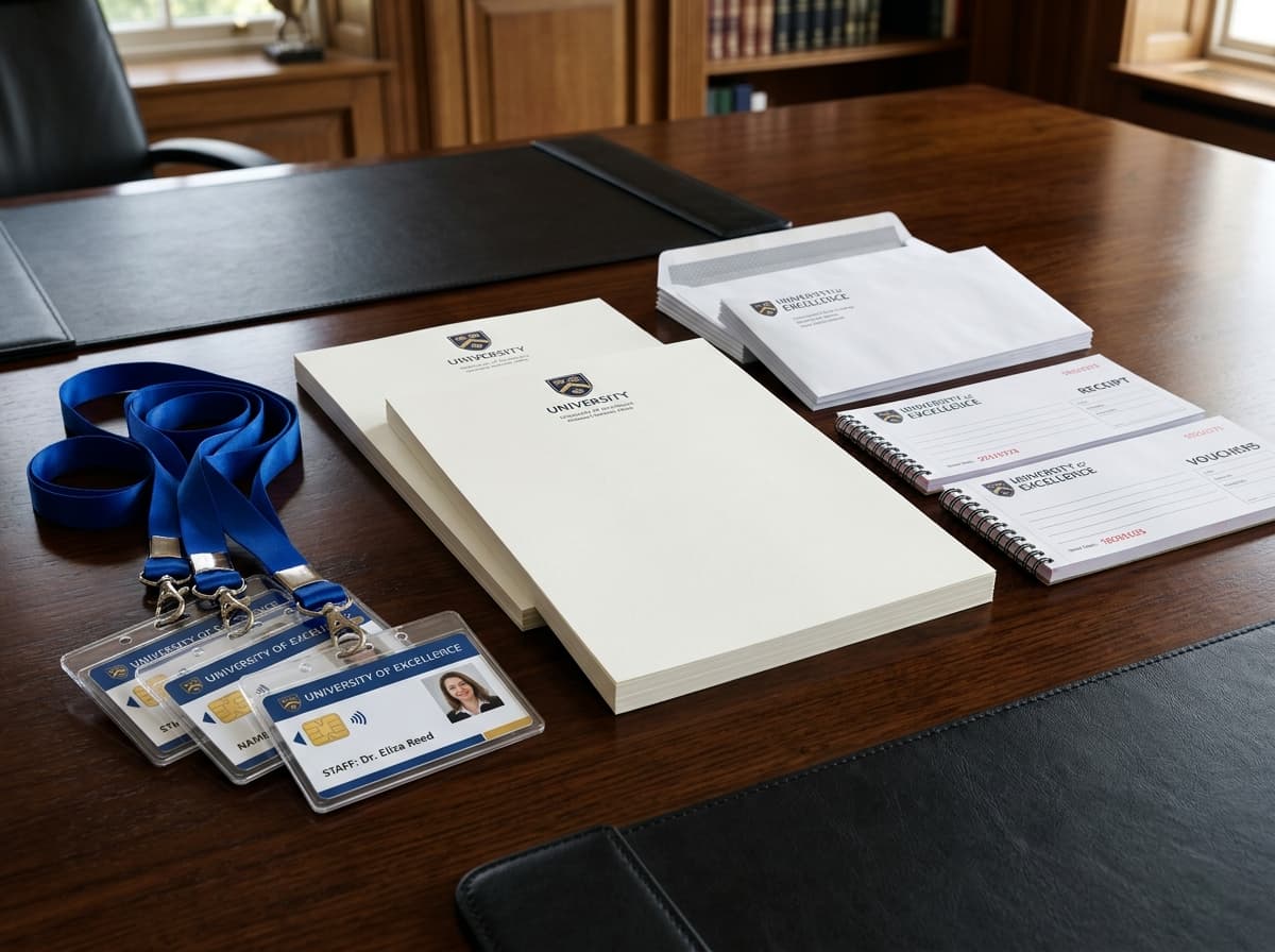Institution complete package featuring PVC smart ID cards, lanyards, letterheads, and memo books