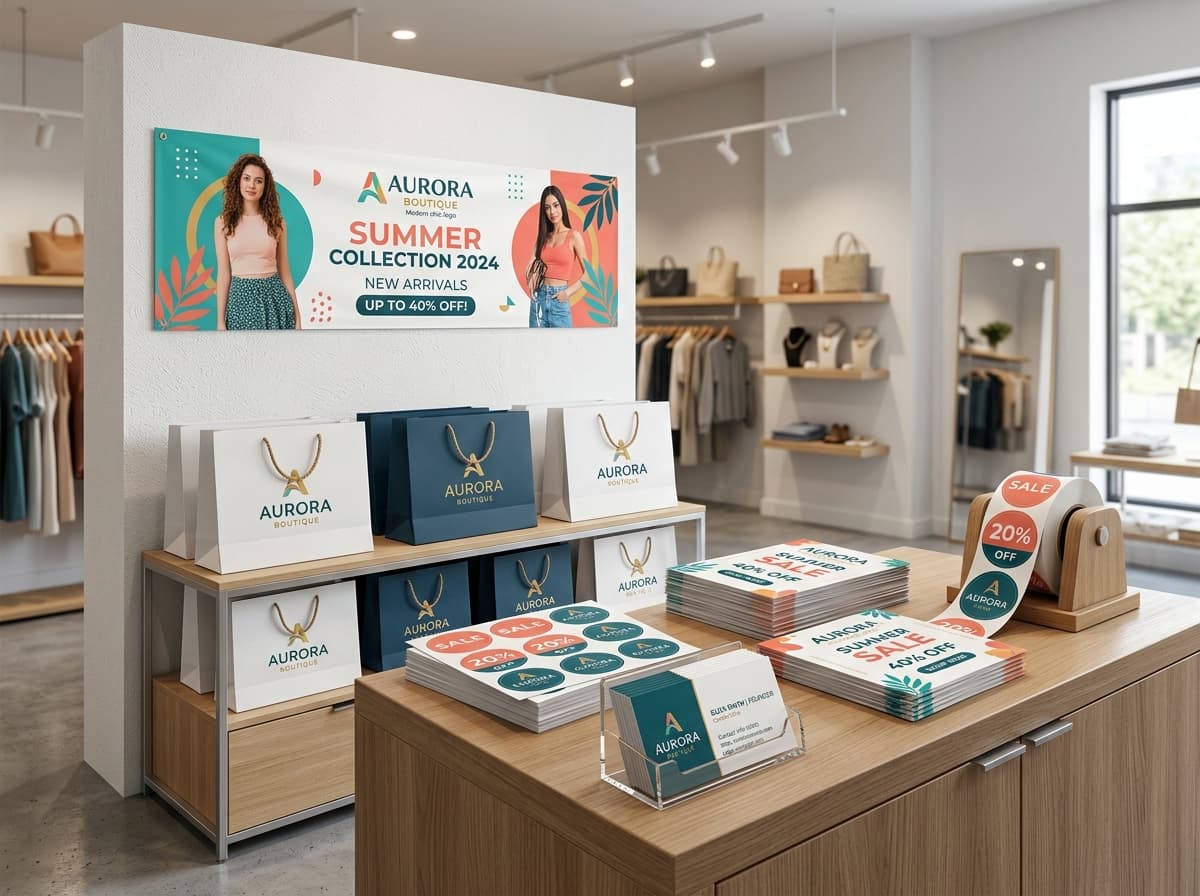 Shop branding package with storefront PVC banner, shopping bags, flyers, and cards
