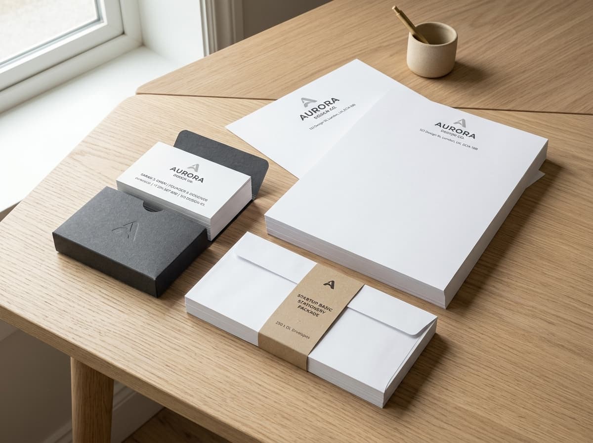 Startup Basic Package stationery suite featuring visiting cards, letterheads, and envelopes