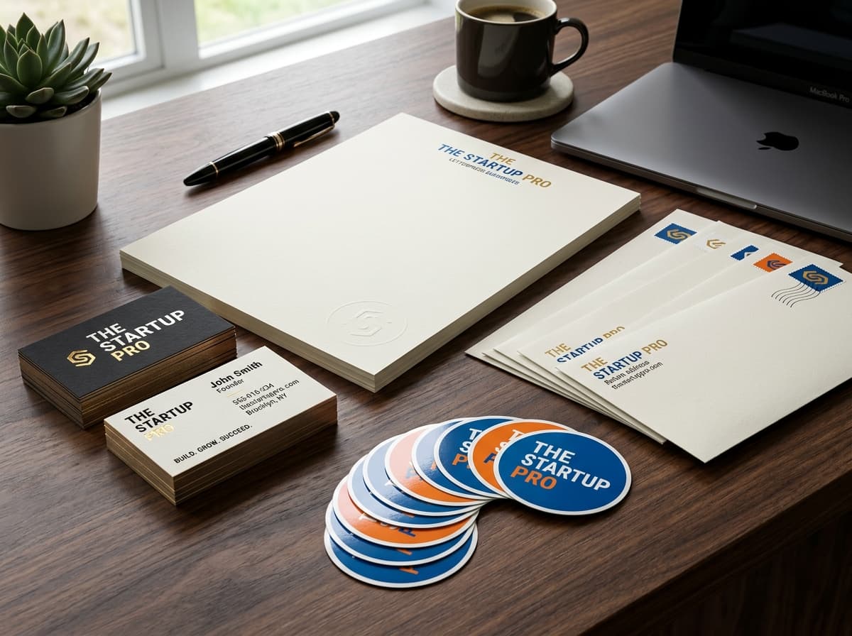 Startup Pro complete print package featuring velvet cards, letterheads, envelopes and vinyl stickers