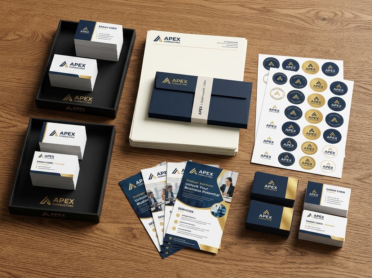 Business launch corporate kit with marketing flyers, letterheads, and velvet cards