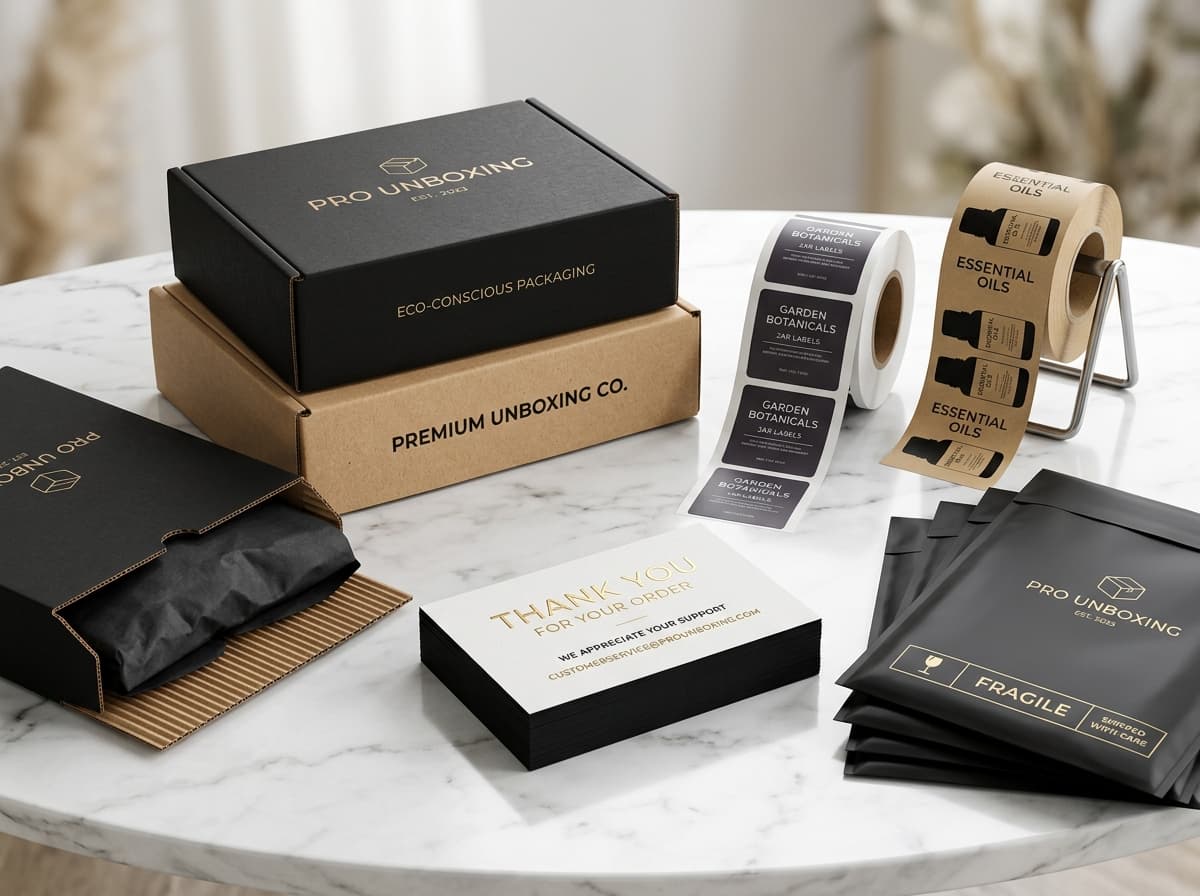 E-commerce Pro branded box packaging suite with rolls of labels and thank you cards