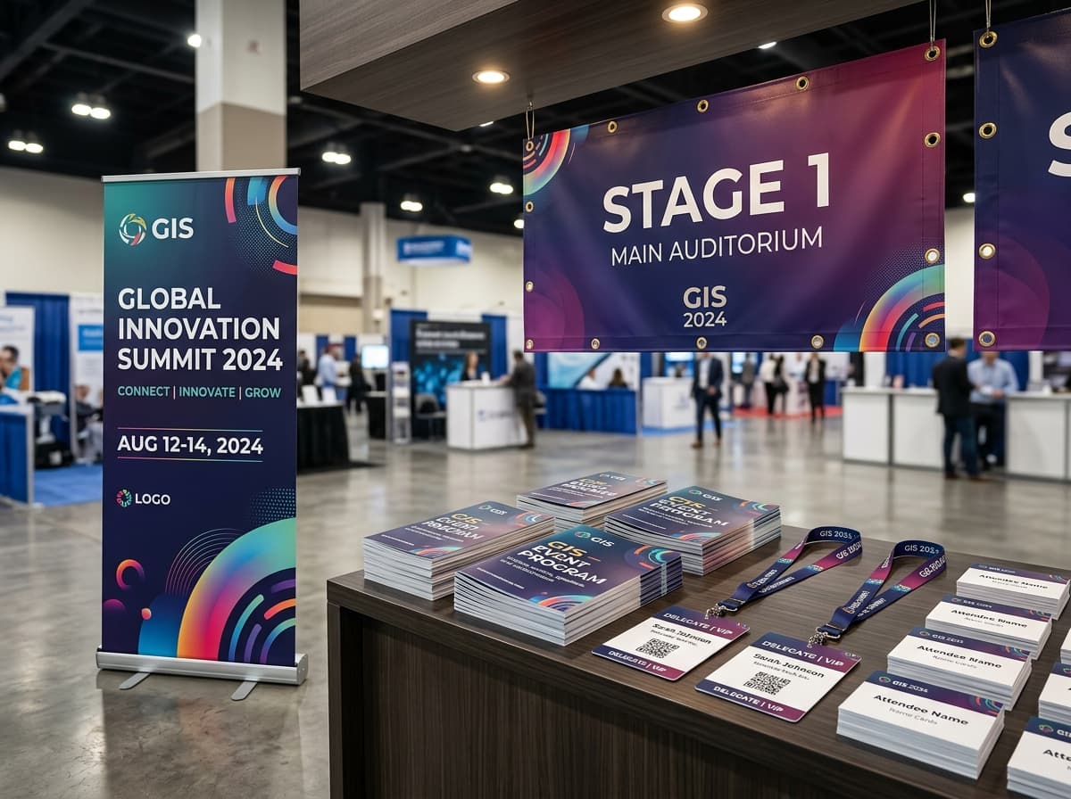 Event promo package setup in convention hall with roll-up standee, backdrop banners, and badges