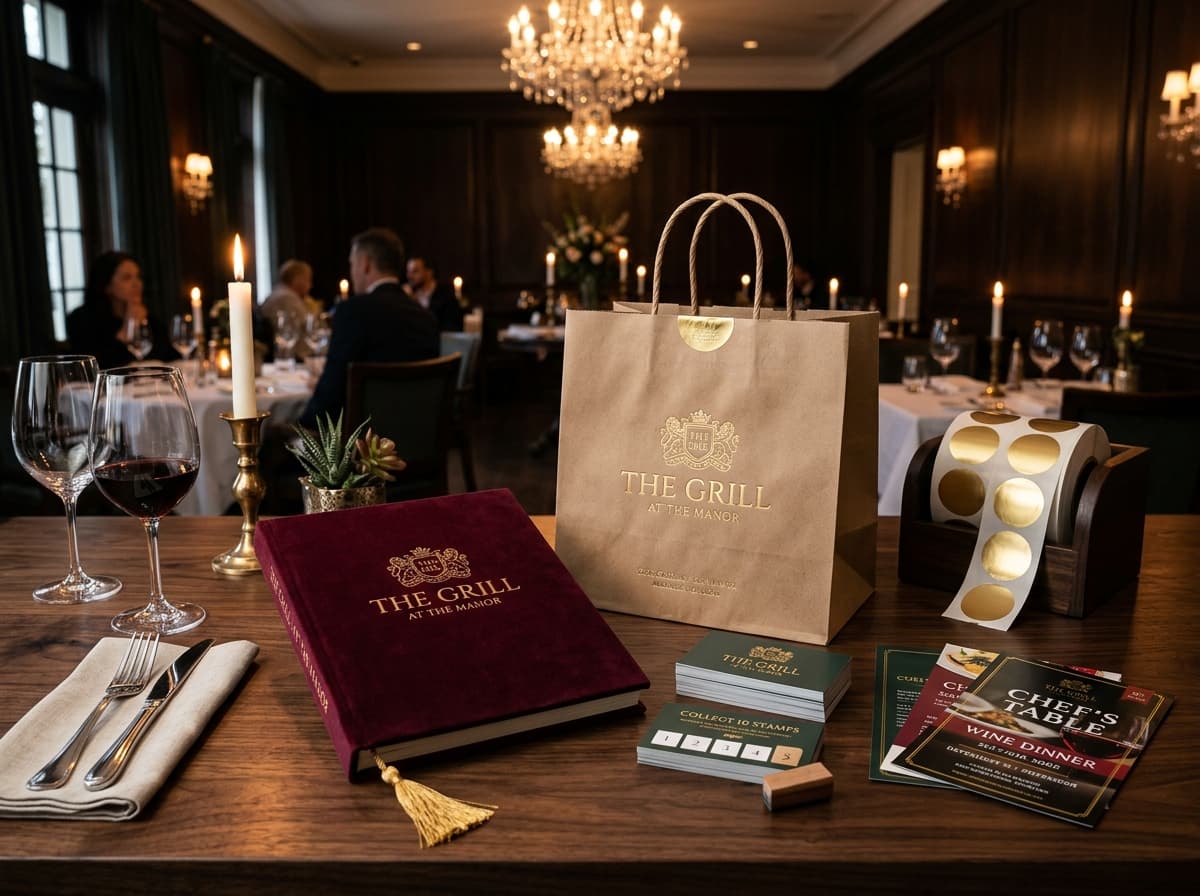 Restaurant brand ultimate dining collection with hardcover menus, bags, and loyalty cards