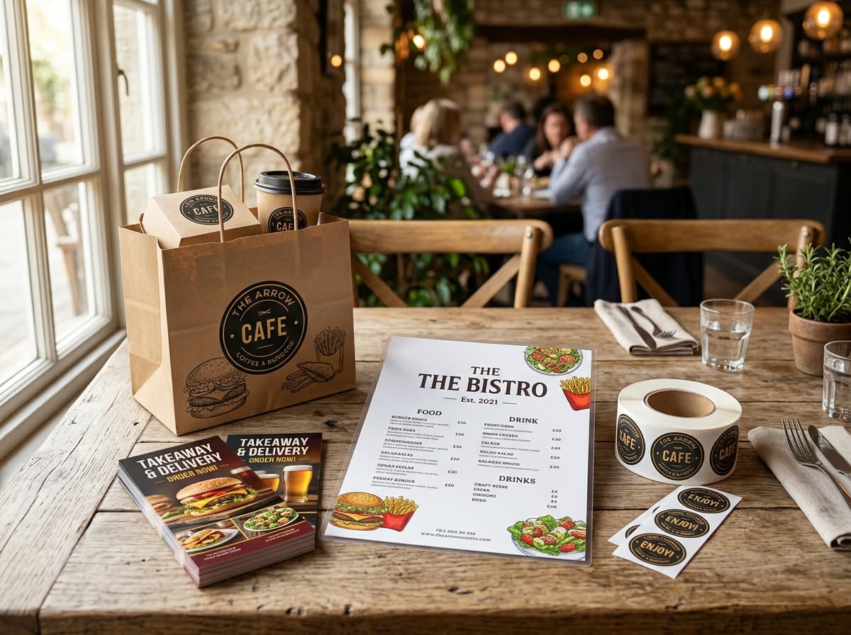 Restaurant starter dining set with wipe-clean menus, takeaway kraft bags, and flyers
